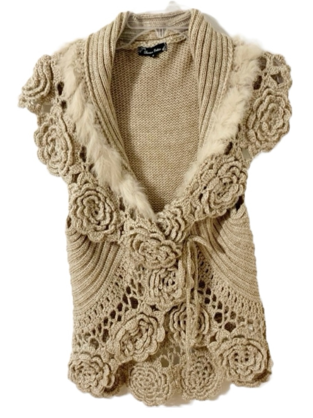 Downtown Coalition Wool Blend Sweater Vest Shawl Collar Knit Flowers Tie Closure